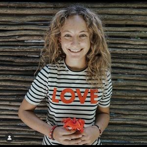 Stripe knit cotton white LOVE flocked tee by KULE.